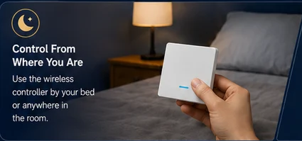 Hand using the exact wireless wall controller from beside a bed