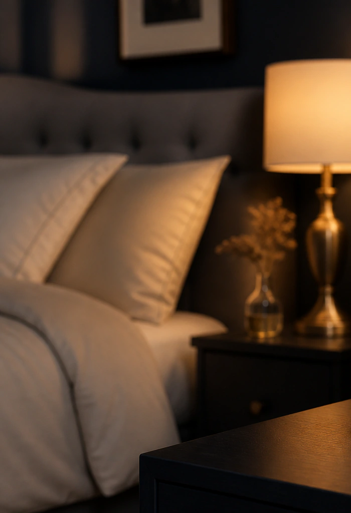 Warm bedroom with a bedside lamp glowing beside a comfortable bed